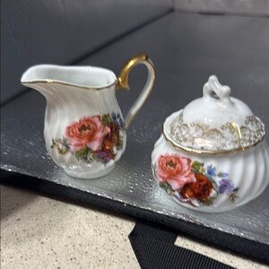 Vintage Floral Porcelain Creamer and Sugar Set